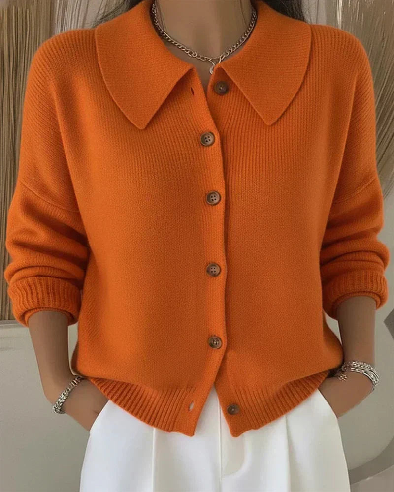 KROHN-E Damen Strickjacke Knopfleiste Kragen Klassisch Grau