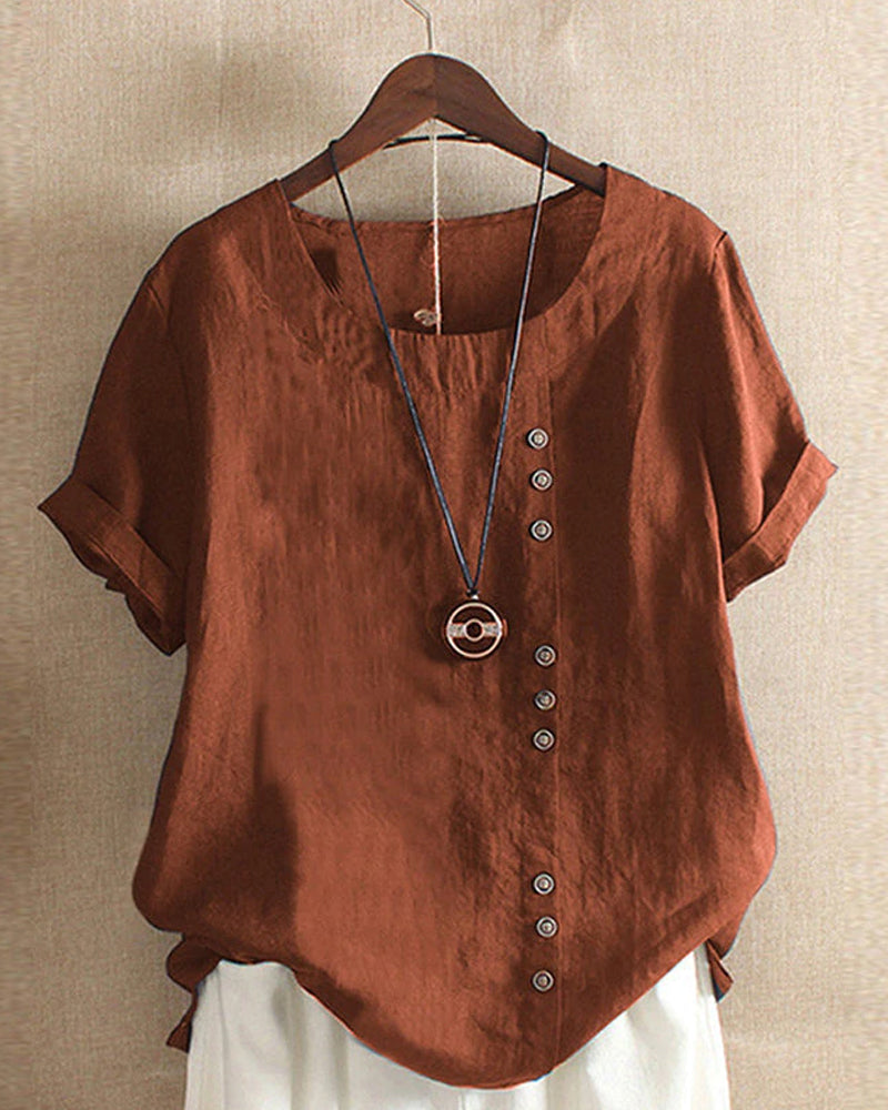 Janice | Damen bluse Kurzarm Rundhals Knopfleiste Sommer
