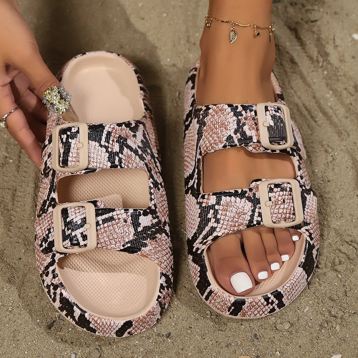 KROHN-E Damen Flache Sandalen Verstellbare Schnalle Casual Design Komfort