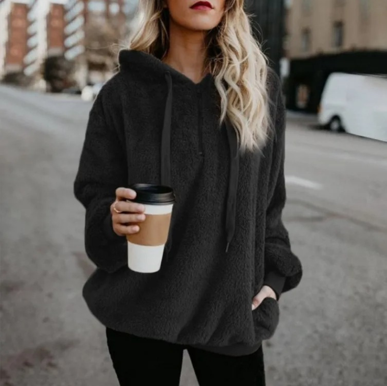 Fudus Damen Teddyjacke, großer Fleece Kapuzenpullover mit Kordelzug