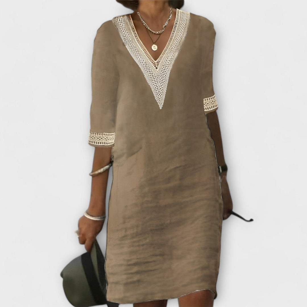 KROHN-E Damen Häkel-Kleid Lochmuster Fließende Silhouette Boho