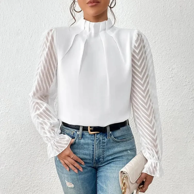 Elegante Bluse mit Spitzenärmeln und hohem Kragen von Silvene für Damen