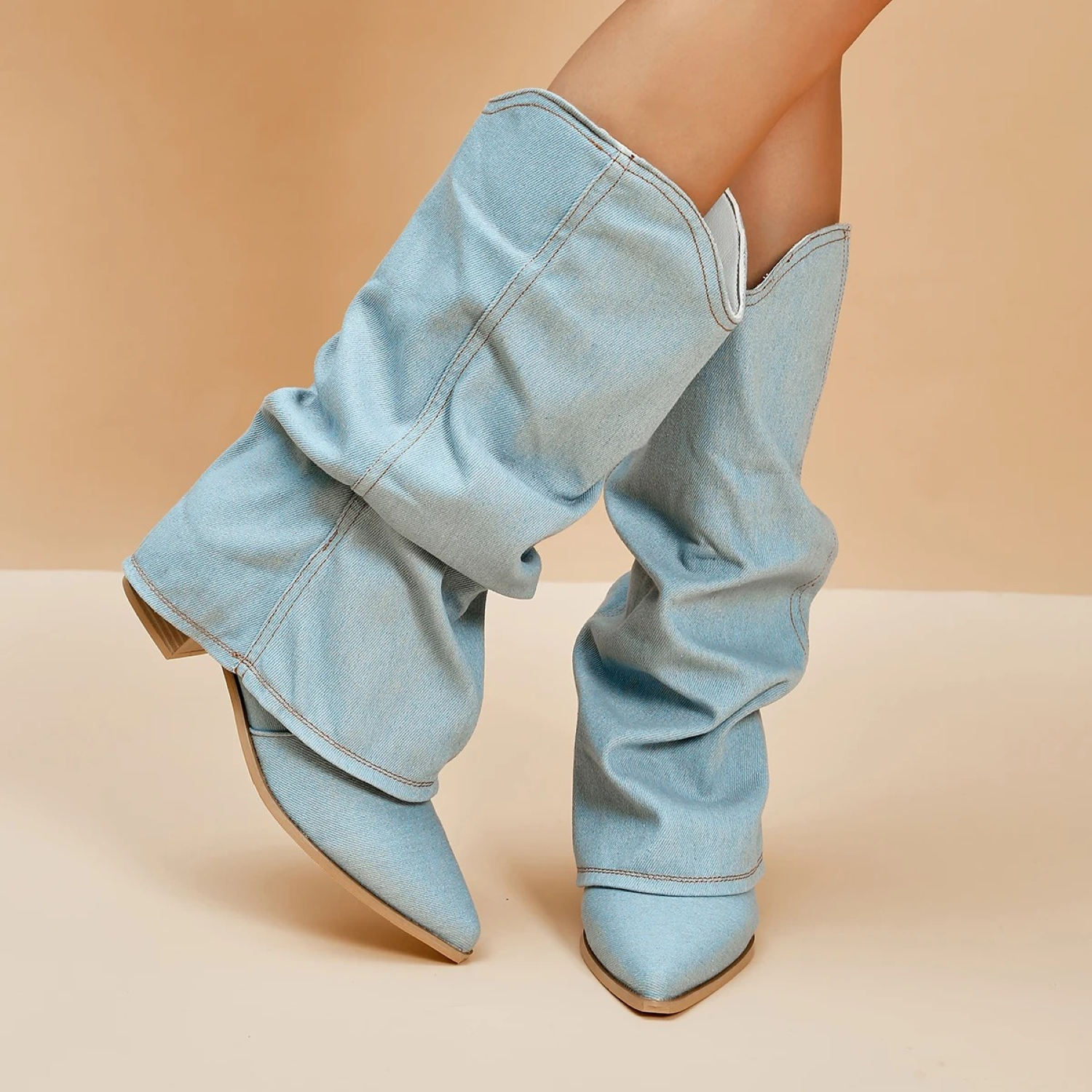 Krohn-e | Knielange Stiefel - Weiches Denim - Spitz Zulaufende Zehe - Niedriger Blockabsatz Zum Anziehen