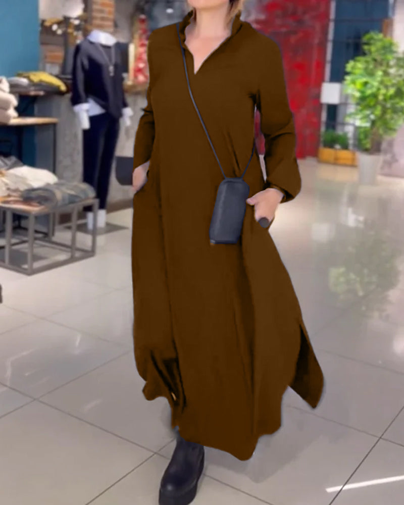 Langes Lodenkleid mit Revers und Seitenschlitz