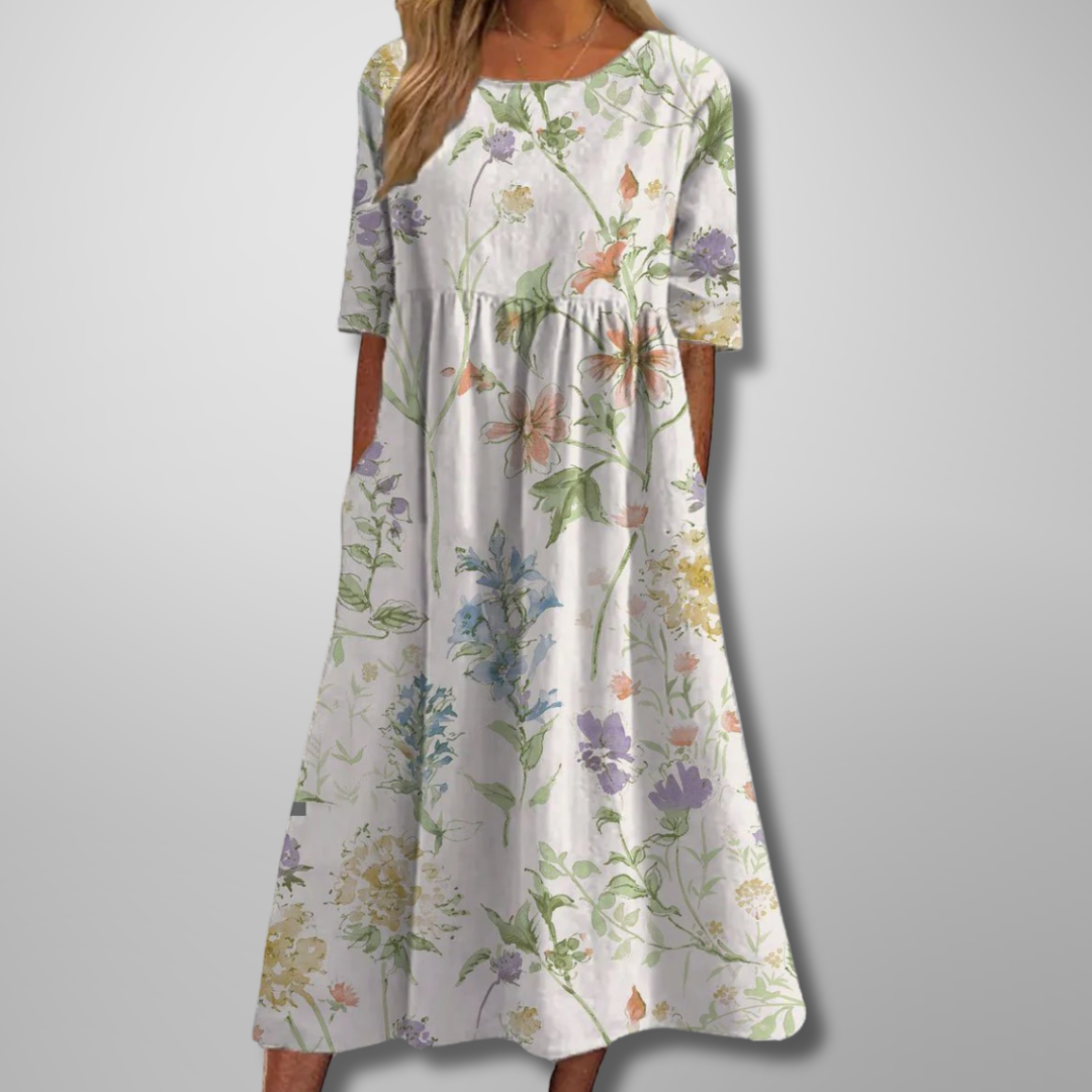 Dorothea | Damen Midi-Kleid Aquarell-Blumendruck Rundhals