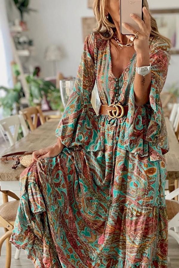 Krohn-e | Damen Bohemianpaisley Druck & Trompetenärmel Kleid Maxi