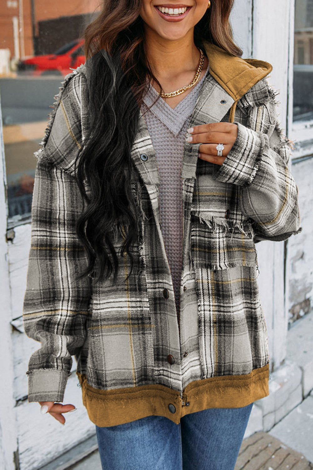 Krohn-e | Karierte Jacke mit Kapuze und Rohen Kanten Baumwolle Lässig und Trendy