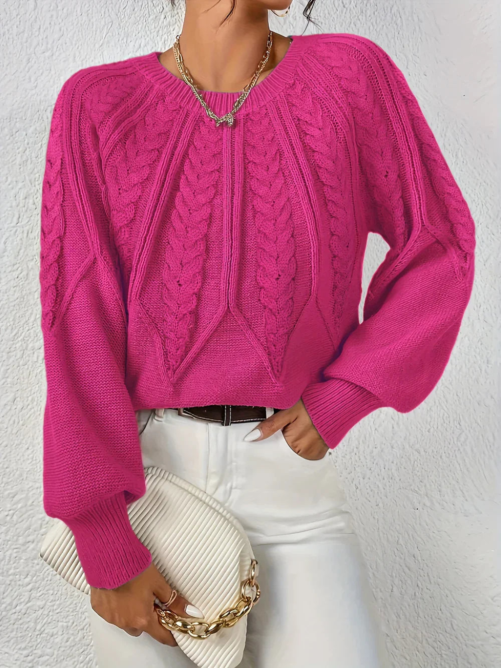 KROHN-E Damen Strickpullover Cable-Knit Oversize Beige Baumwolle