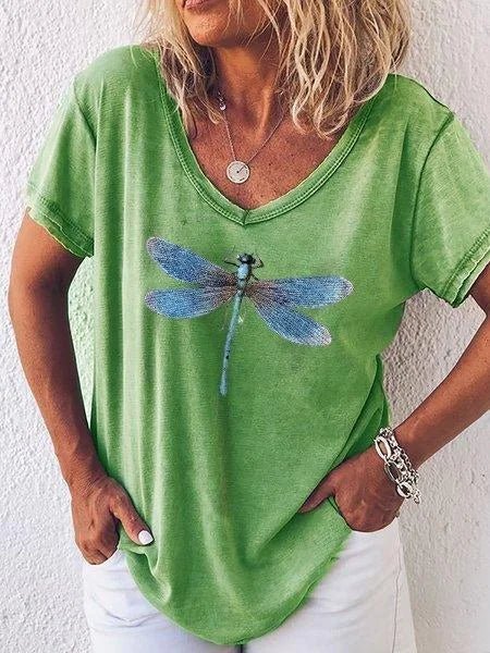 KROHN-E Damen V-Ausschnitt T-Shirt Libellen-Print Rosa Casual