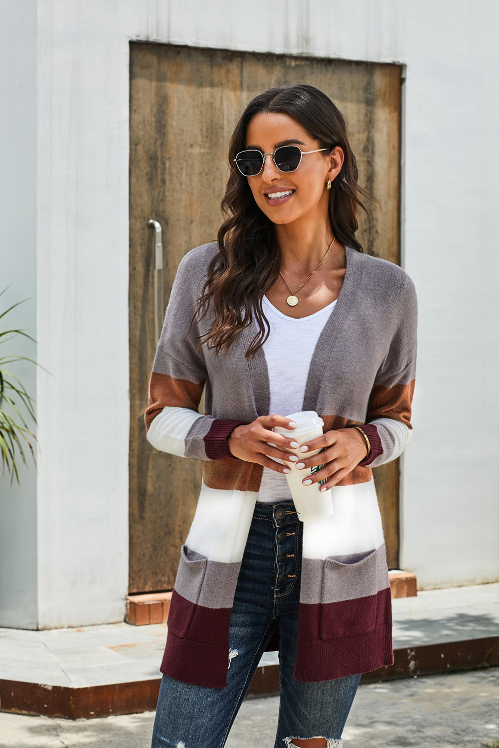 Krohn-e | Farbblock Offene Front Rippbündchen Cardigan mit Taschen