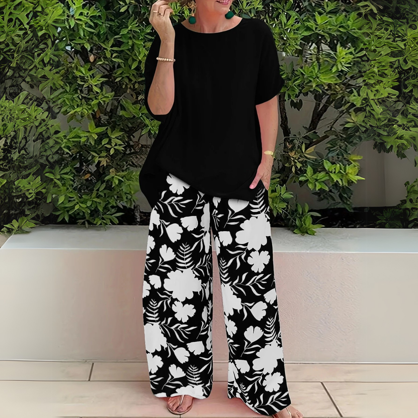KROHN-E Damen Zweiteiler-Set Blumenmuster Viskose Weitbein-Hose Leicht