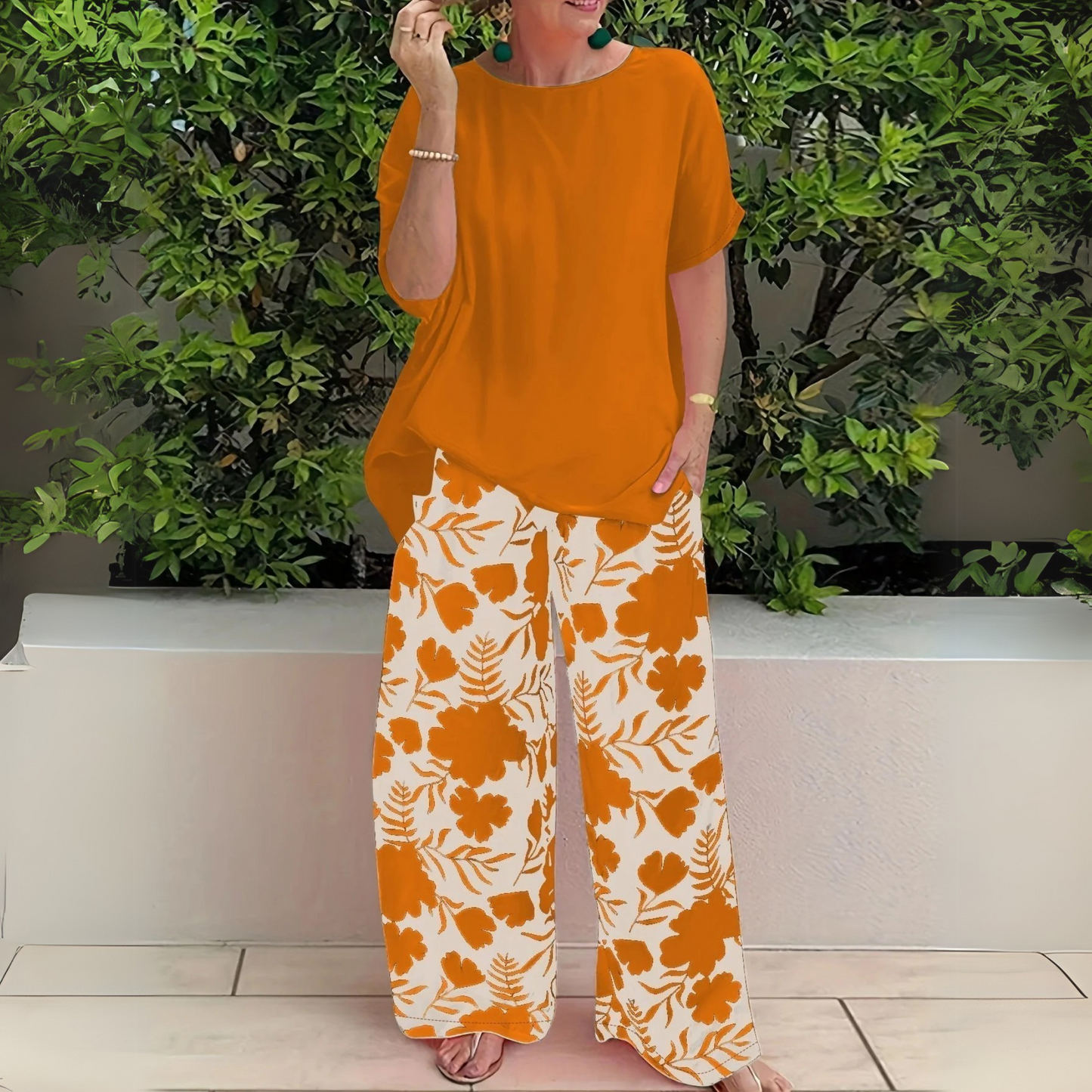 KROHN-E Damen Zweiteiler-Set Blumenmuster Viskose Weitbein-Hose Leicht