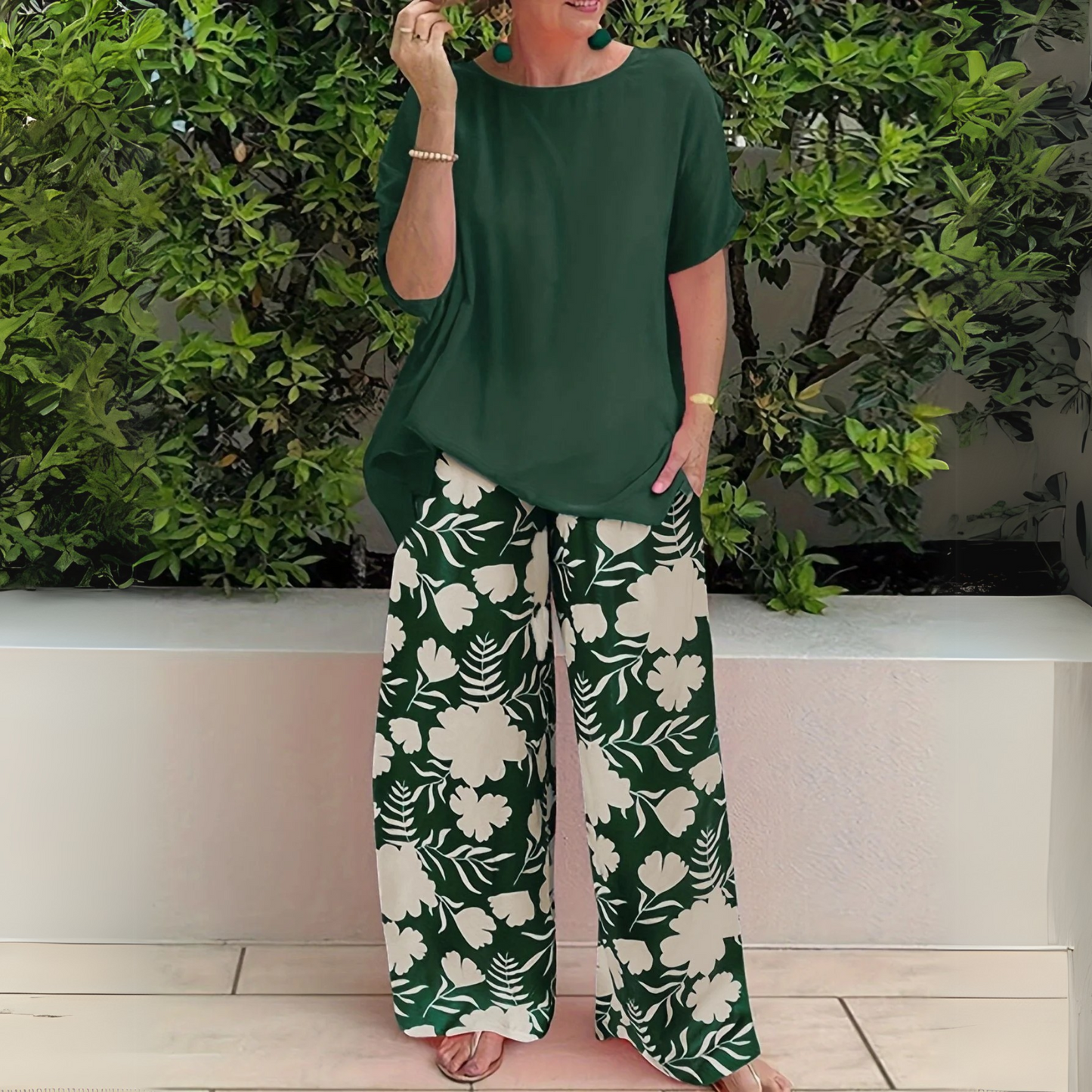KROHN-E Damen Zweiteiler Set Blumenmuster Koordiniert