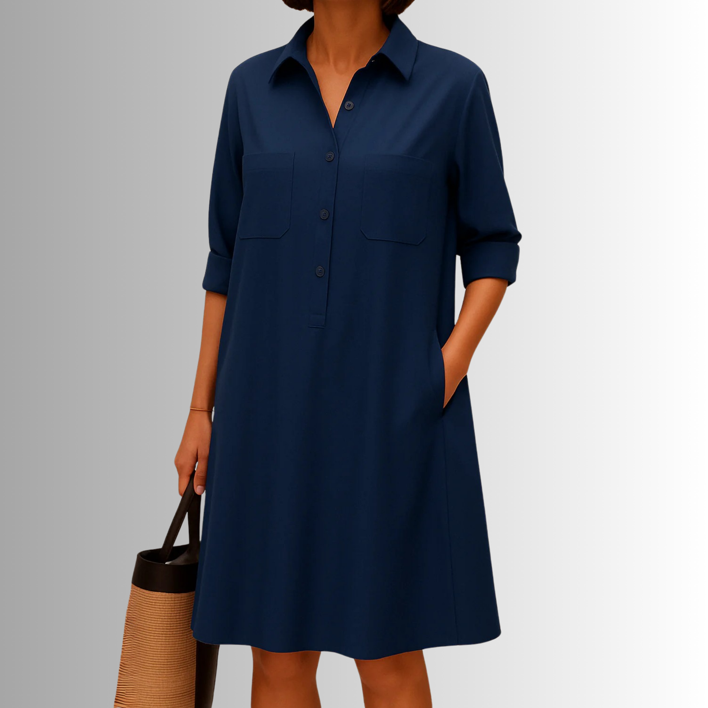 KROHN-E Damen Knopf-Kleid A-Linie Leichter Stoff Dreiviertel-Ärmel