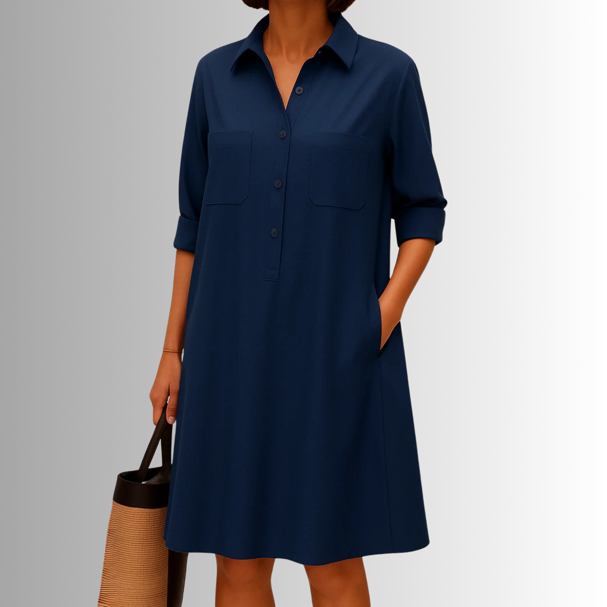 KROHN-E Damen Knopf-Kleid A-Linie Leichter Stoff Dreiviertel-Ärmel