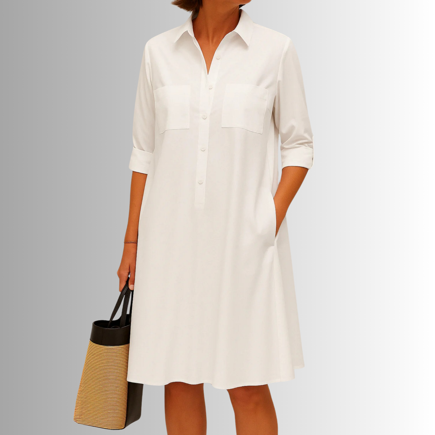 KROHN-E Damen Knopf-Kleid A-Linie Leichter Stoff Dreiviertel-Ärmel