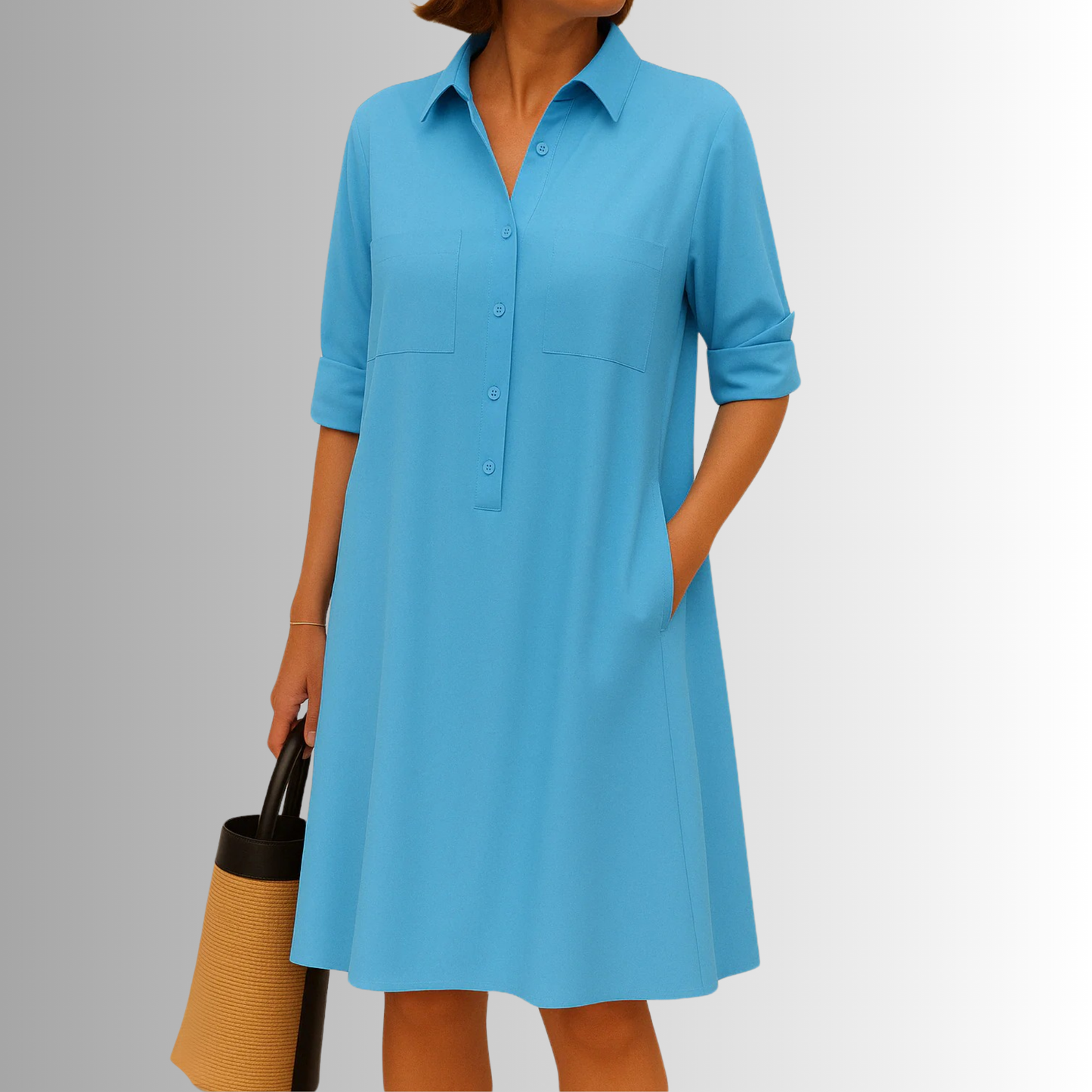KROHN-E Damen Knopf-Kleid A-Linie Leichter Stoff Dreiviertel-Ärmel