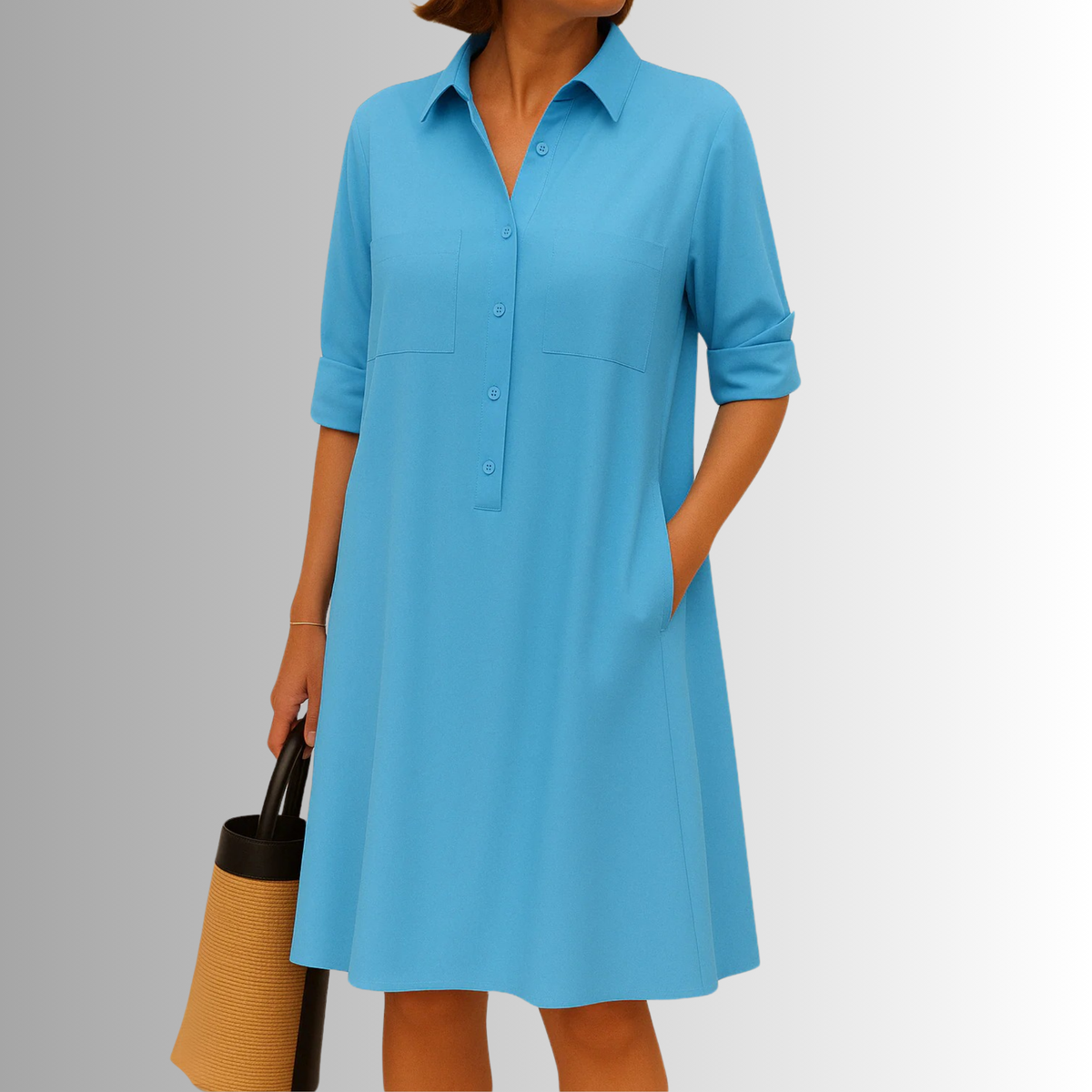 KROHN-E Damen Knopf-Kleid A-Linie Leichter Stoff Dreiviertel-Ärmel
