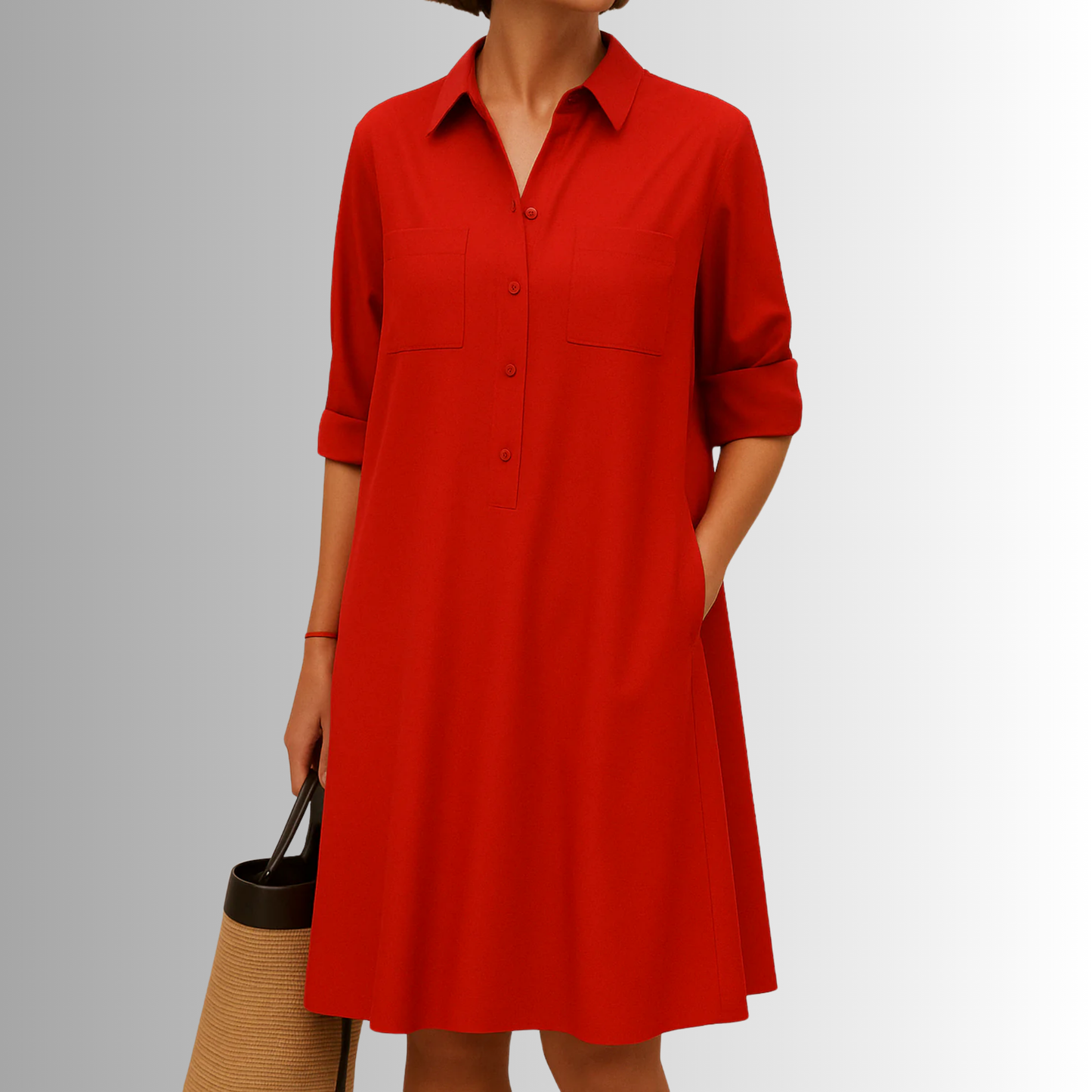 KROHN-E Damen Knopf-Kleid A-Linie Leichter Stoff Dreiviertel-Ärmel