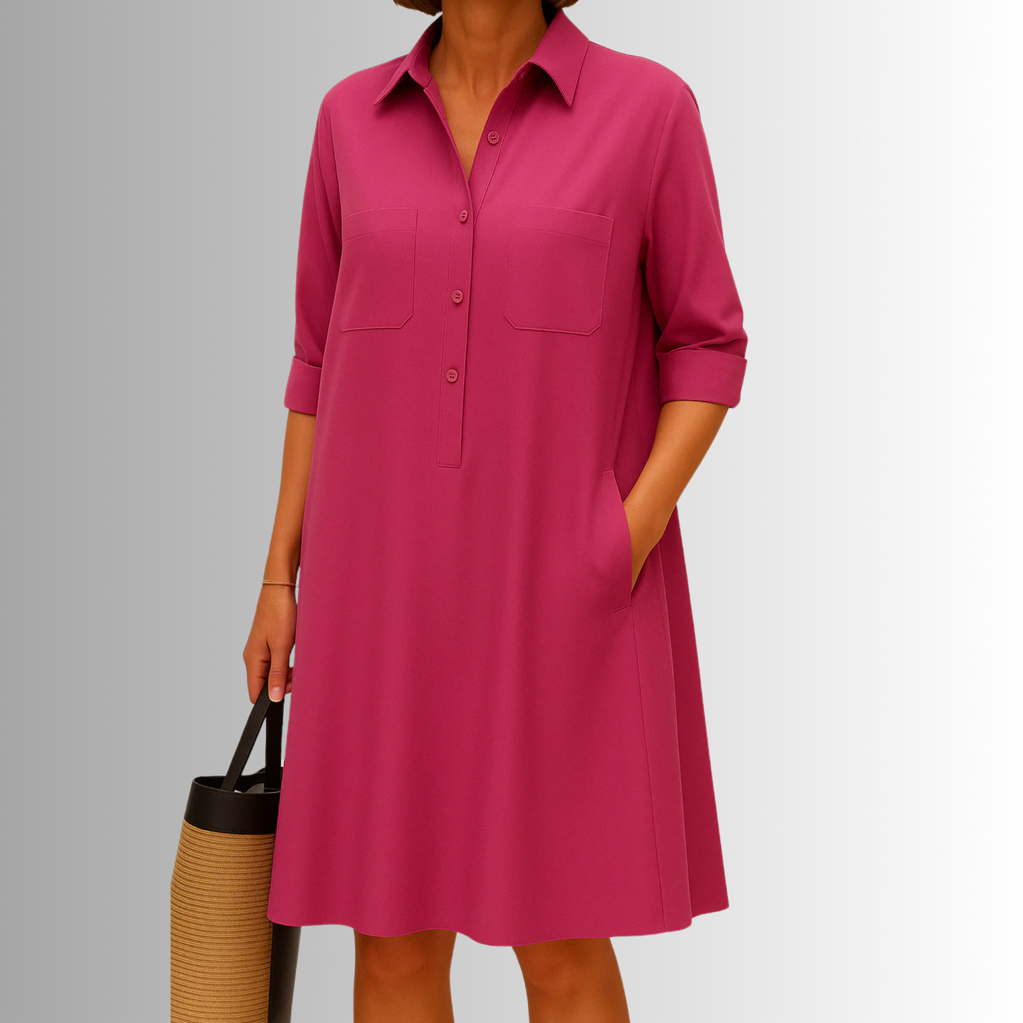 KROHN-E Damen Knopf-Kleid A-Linie Leichter Stoff Dreiviertel-Ärmel