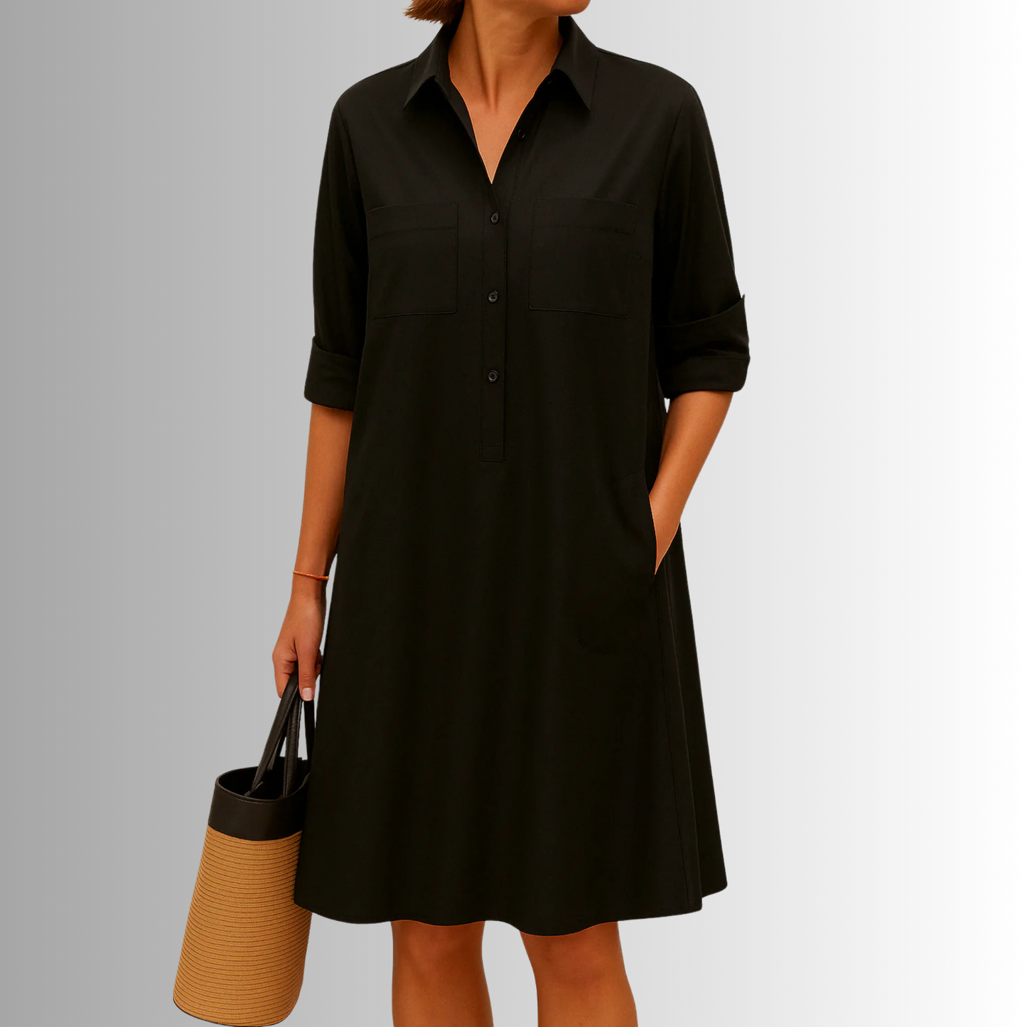 KROHN-E Damen Knopf-Kleid A-Linie Leichter Stoff Dreiviertel-Ärmel