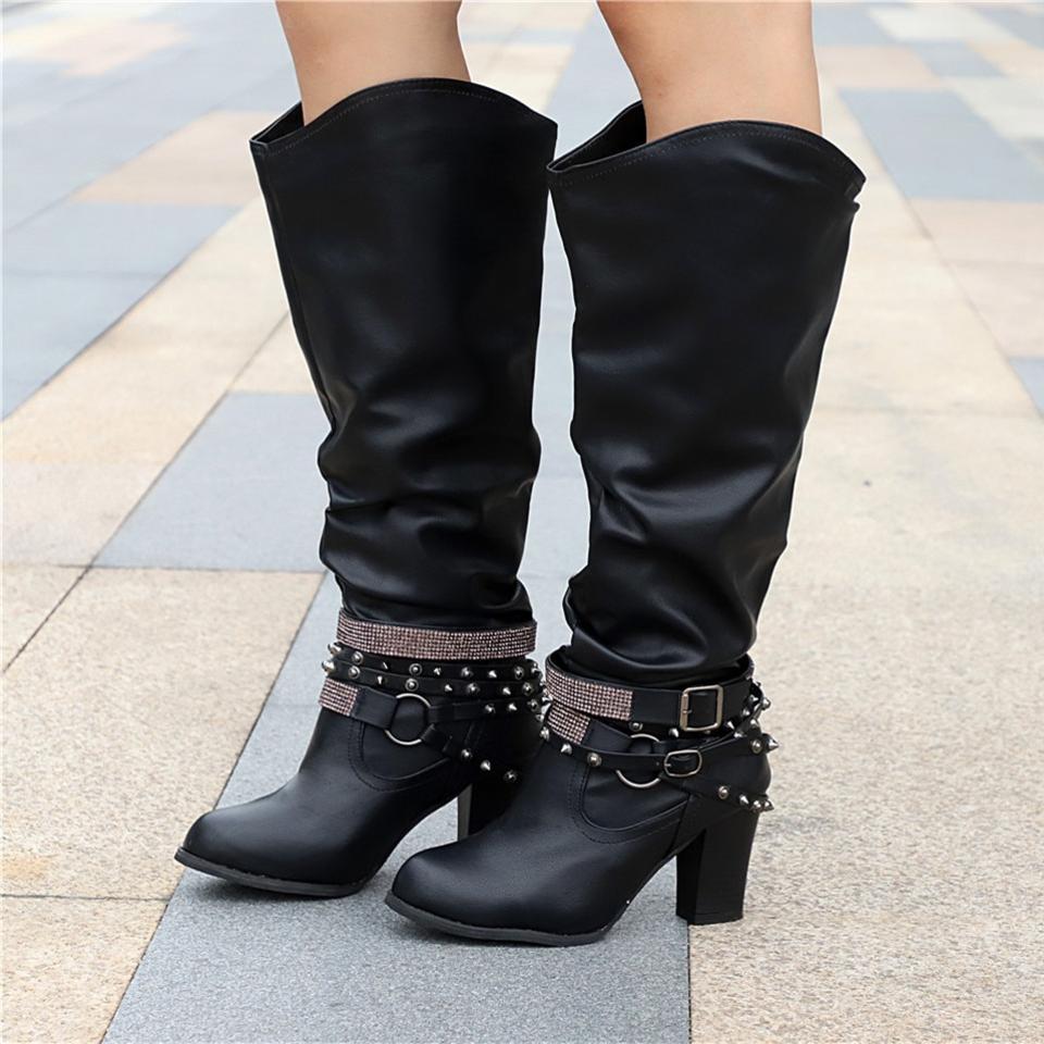 KROHN-E Damen Knie-Stiefel Slouchy Blockabsatz Vielseitig Elegant