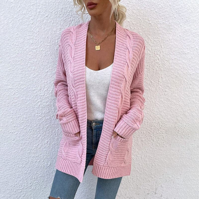 Krohn-e | Cardigan - Strick Kabelstrick - Offene Front - Lange Ärmel mit Taschen