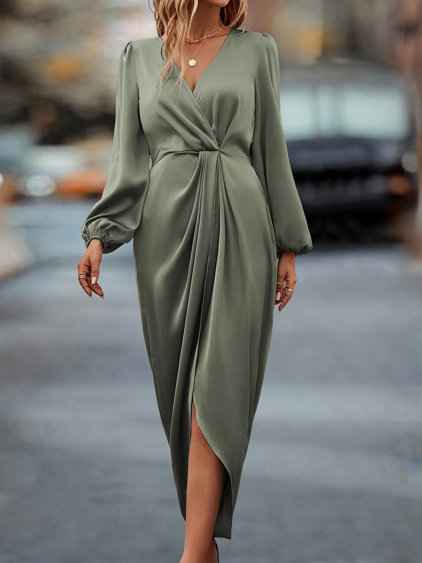 Vera | Damen Satin Wickelkleid Midi Ballonärmel V-Ausschnitt