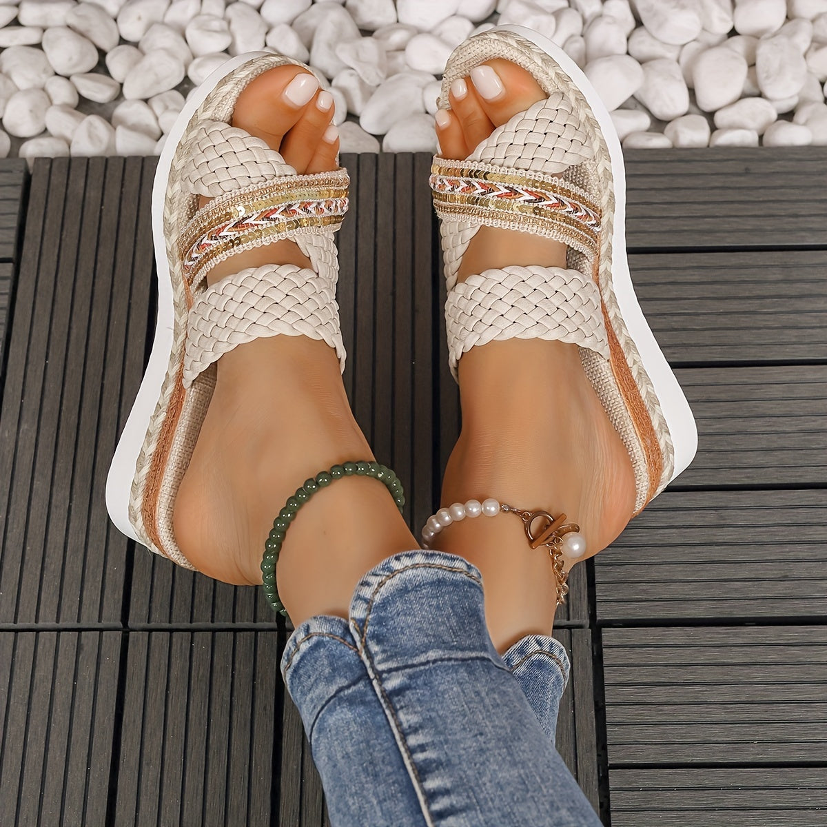 KROHN-E Damen Geflochtene Slip-On Sandalen Sommerschuhe Flexibel
