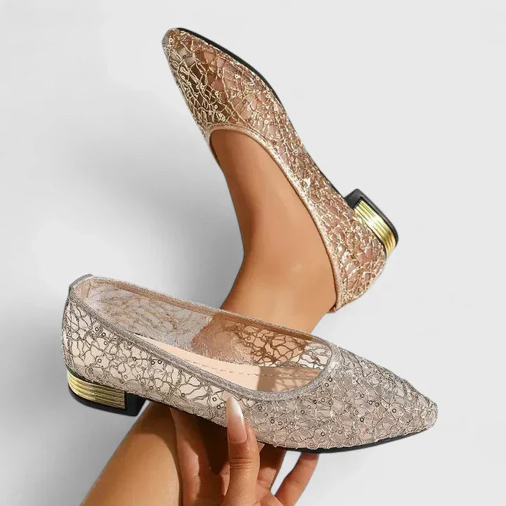 Cammy | Damen Spitze Ballerinas Silber Glitzer Flache Schuhe Elegant
