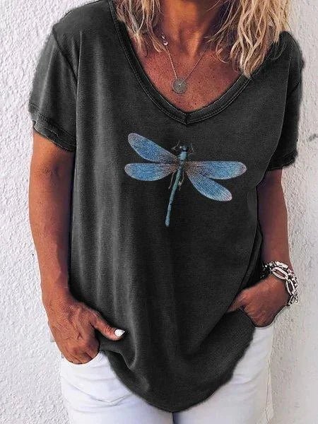 KROHN-E Damen V-Ausschnitt T-Shirt Libellen-Print Rosa Casual