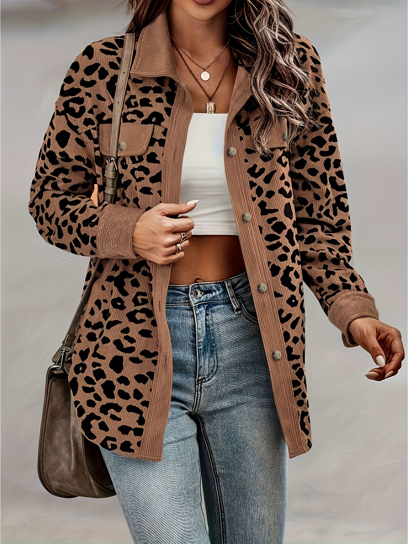 Krohn-e | Leopardenmuster Langhe Hemdbluse Polyester Stilvoll und Trendy