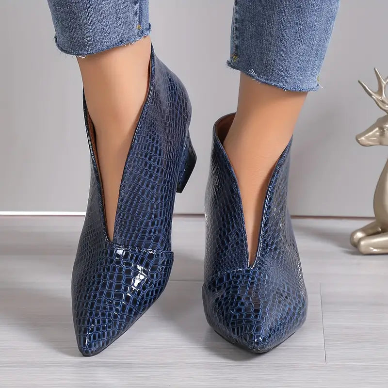 KROHN-E Damen Ankle-Boots Leder strukturiert Blockabsatz Schwarz