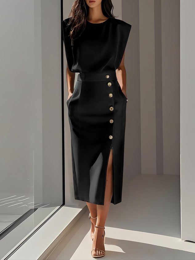 KROHN-E Damen Midi-Kleid Entspannter Schnitt Knopfdetail Vielseitig