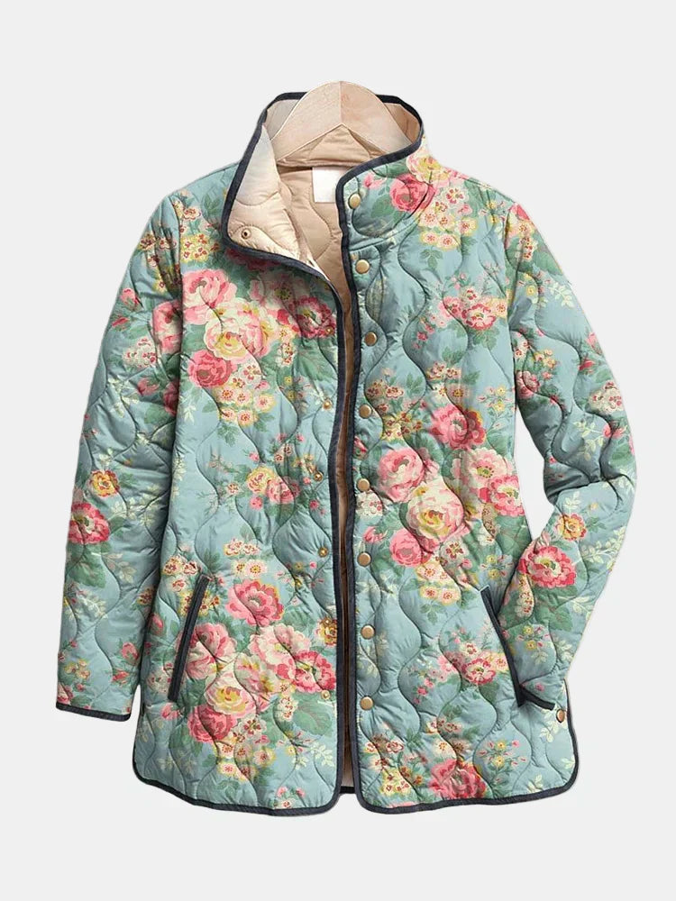 KROHN-E Damen Steppjacke Blumenmuster hell gefüttert