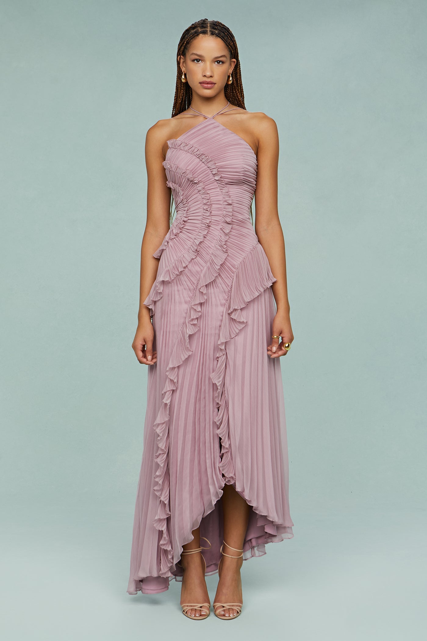 KROHN-E Damen Neckholder-Kleid Fließender Rock Festlich