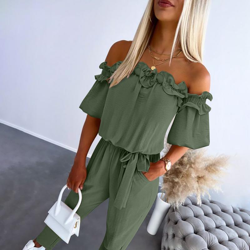 KROHN-E Damen Off-Shoulder Jumpsuit Rüschen Taillengürtel Elegant
