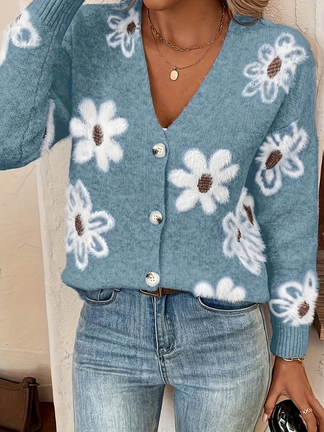 Krohn-e | Weiche Strickjacke mit Blumenmuster Acryl Wärme und Stil