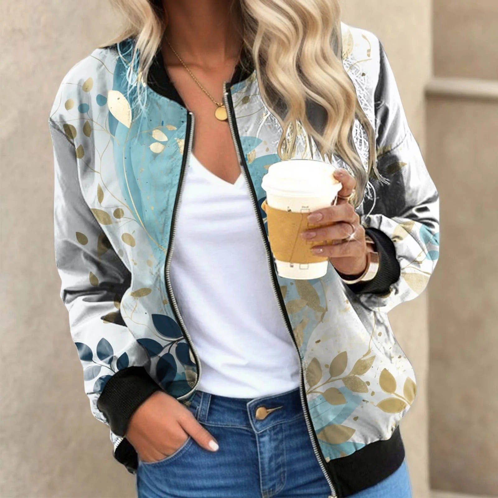Krohn-e | Blumengemusterte Bomberjacke mit Federprint Polyester Elegant und Lässig