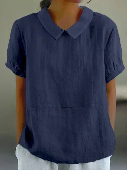 KROHN-E Damen Bluse kurzarm Peter-Pan-Kragen Leinen-Optik hellblau