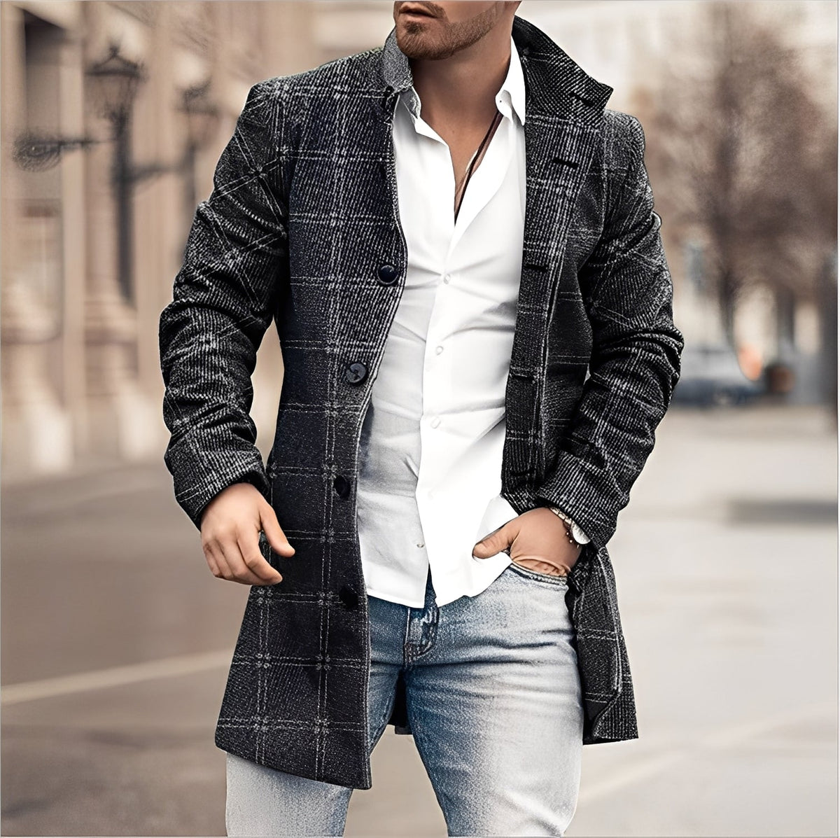 Krohn-e | Lässiger Langer Tweed-Mantel für Herren