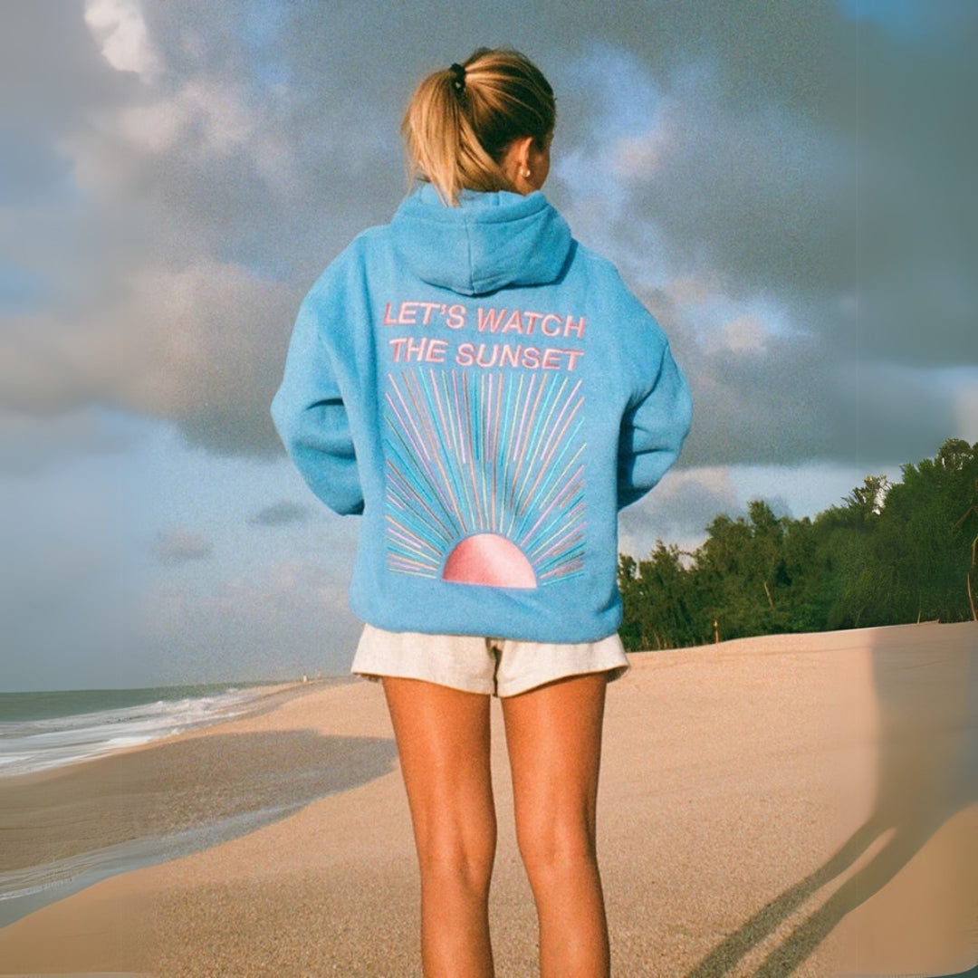 Fudus Damen Kapuzenpullover: Sonnenaufgang-Print, lässiges Freizeit- & Stranddesign