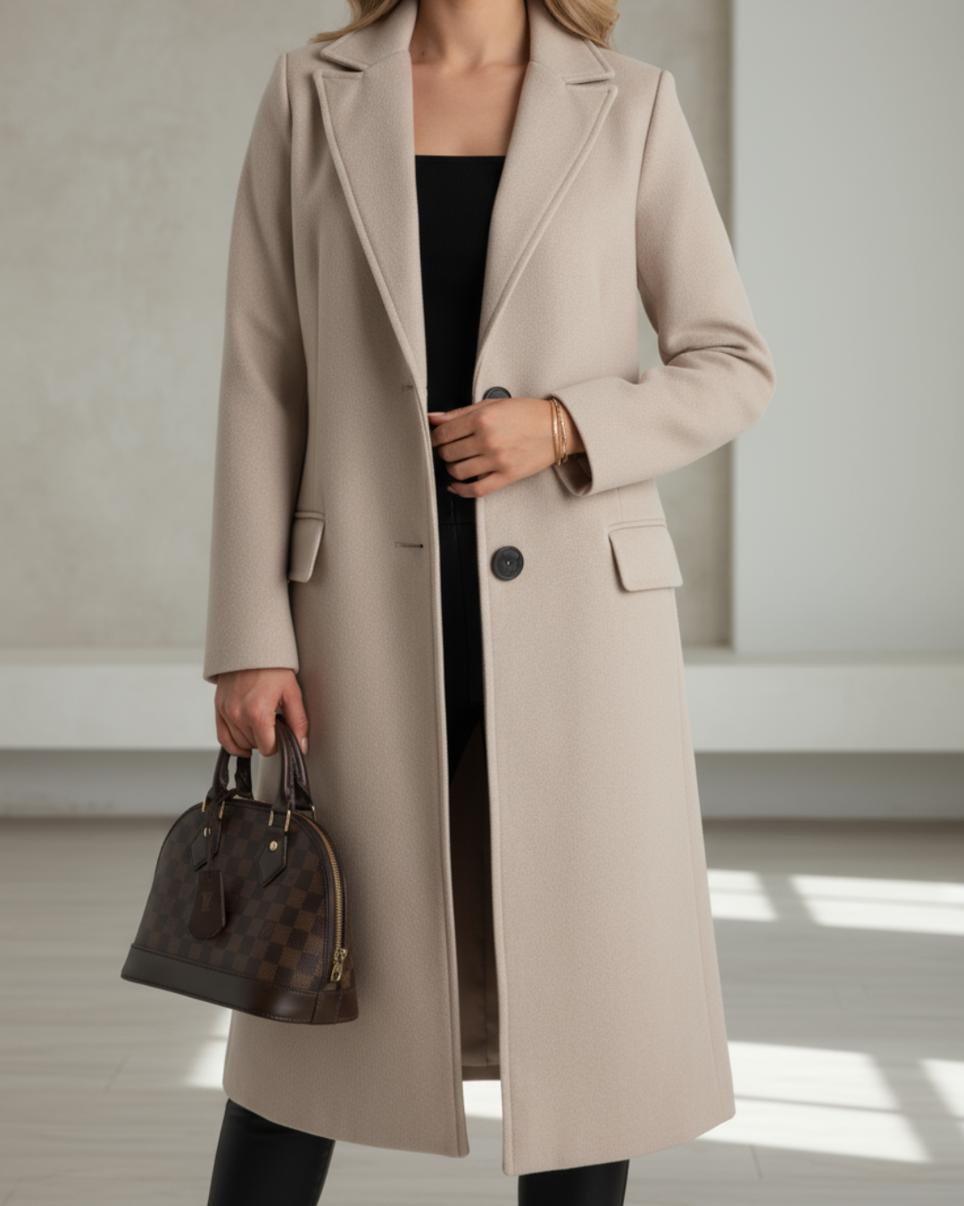 KROHN-E Damen Mantel Lang Tailliert Klassisch Elegant