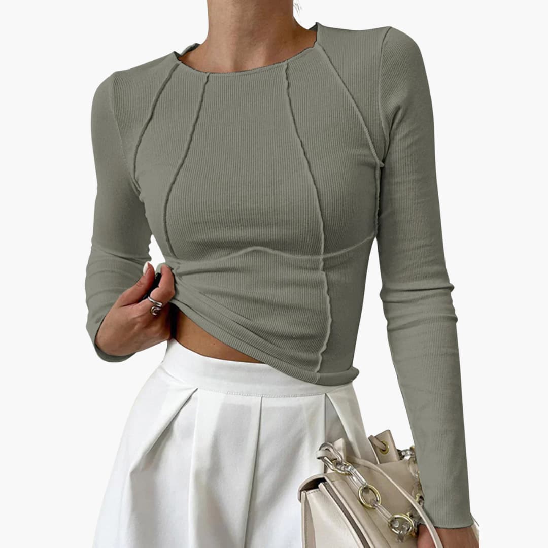 Mila | Damen Ripp Langarmshirt Cropped mit Ziernähten