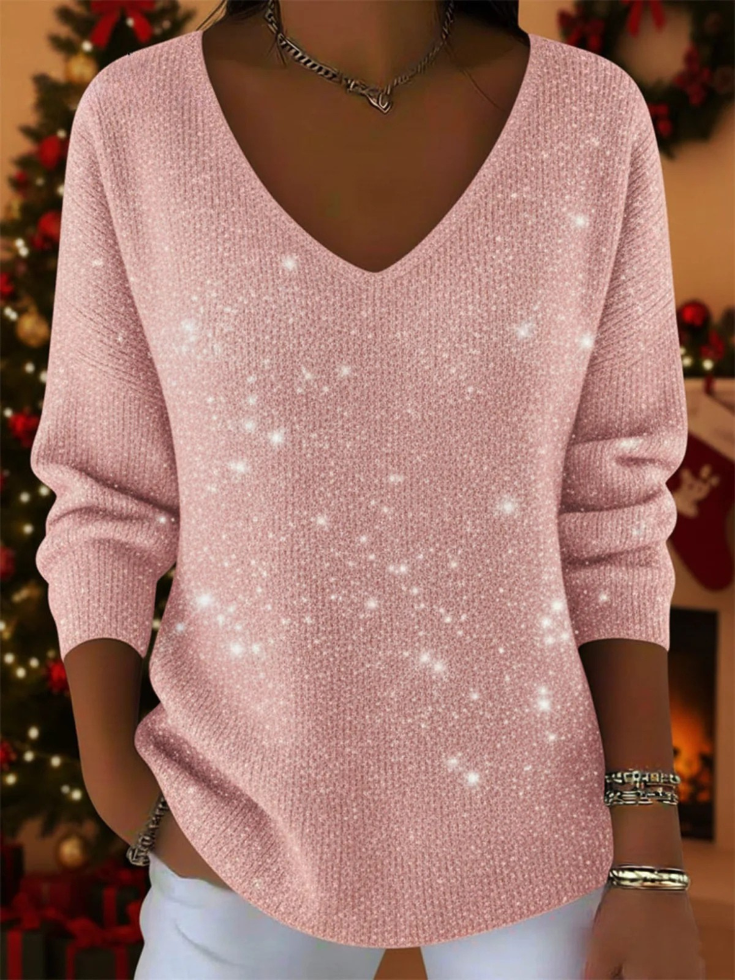 KROHN-E Damen Pullover V-Ausschnitt Festliches Design Strick