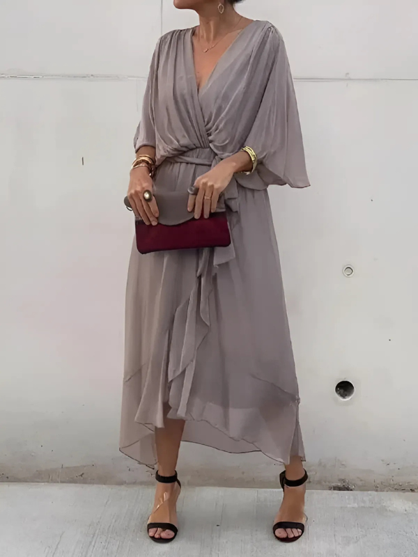 KROHN-E Damen Wrap Midi-Kleid Verstellbarer Gürtel