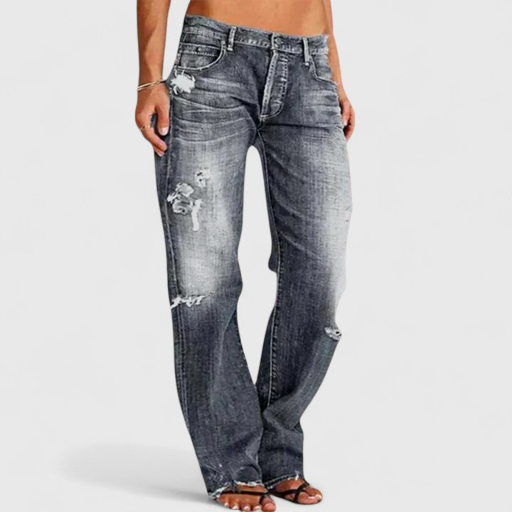 KROHN-E Damen Straight Jeans Used-Look Low-Rise Hellblau Distressed