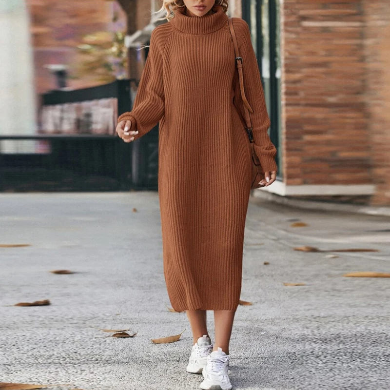 Krohn-e | Bequeme Damen Maxi Pullover Kleid mit Kragen