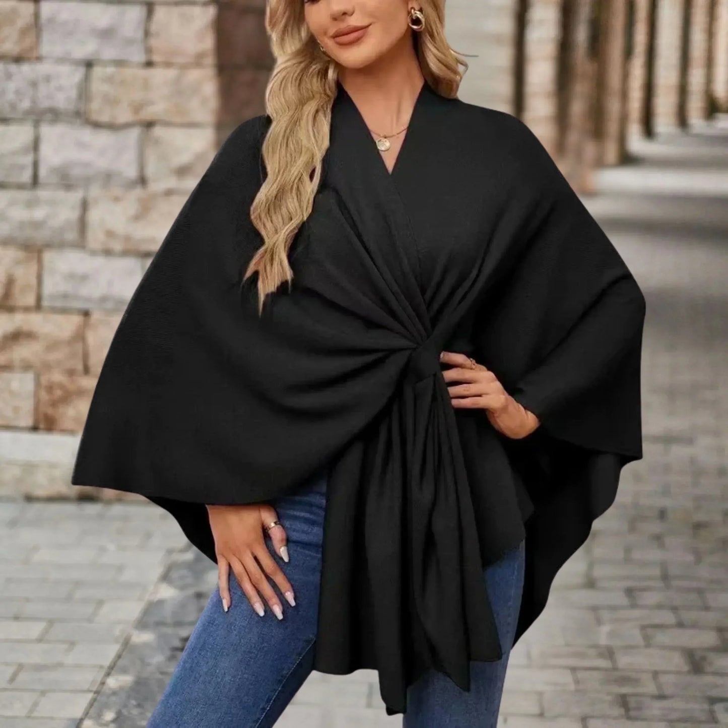 KROHN-E Damen Poncho Leicht Draped Knoten-Design Oversized