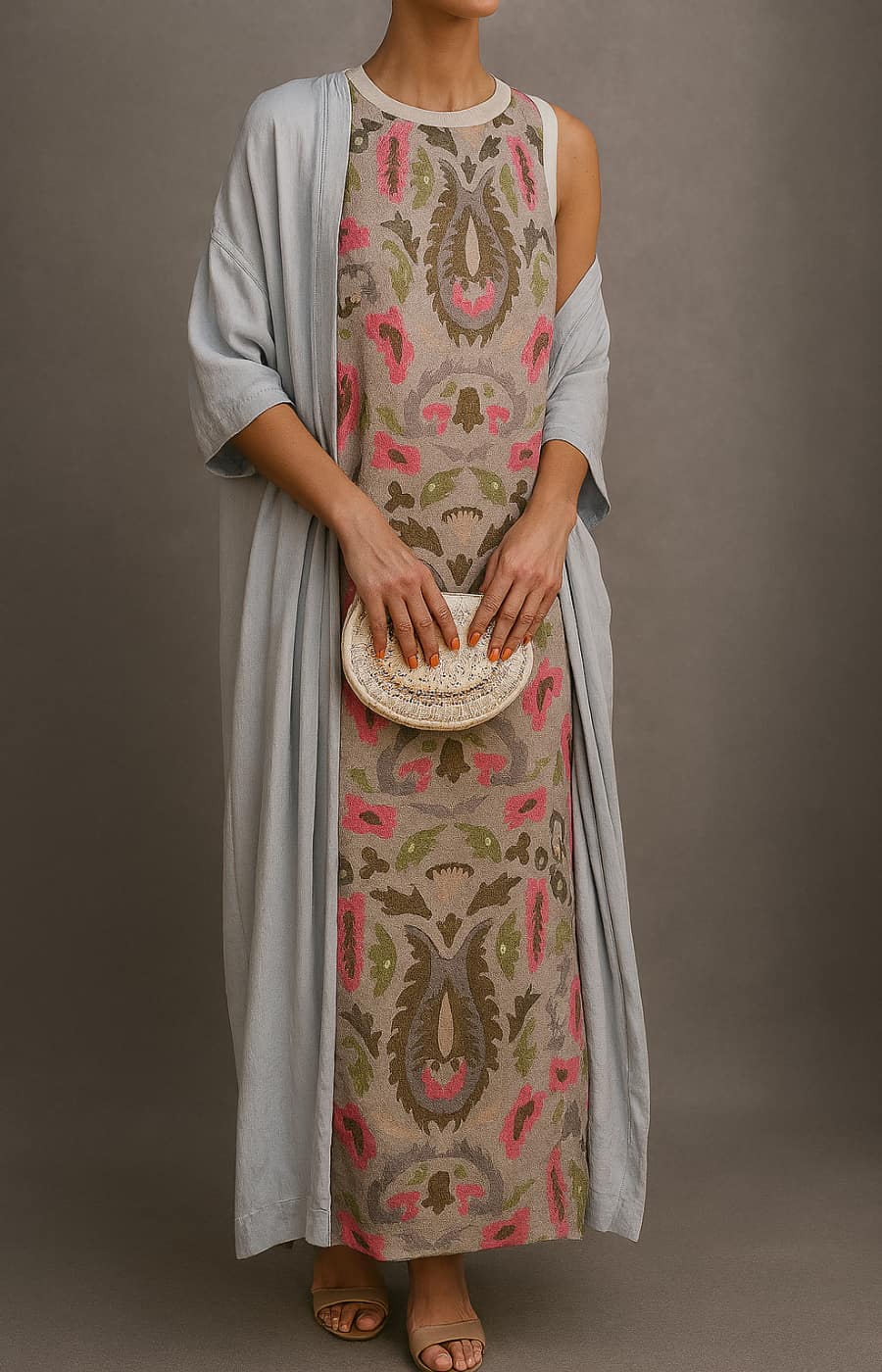 KROHN-E Damen Kleid-Mantel-Set Koordiniert Elegant Fließend